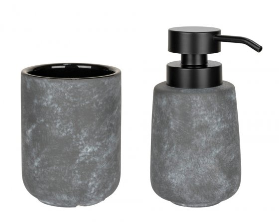 Bad-Accessoire Set Mod. Sacile, grau/schwarz, Keramik/Kunststoff, Ø 9 x 16 cm, für stilvolle Badezimmeroptik 