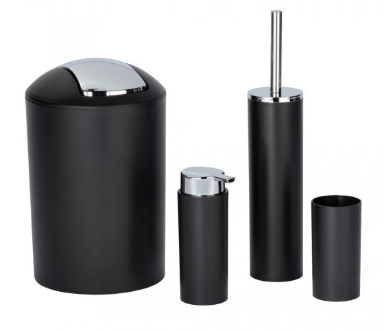 Badezimmer Set Mod. Calvo schwarz matt, 4 tlg., Seifenspender, Zahnputzbecher, Toilettenbürste & Kosmetikeimer 