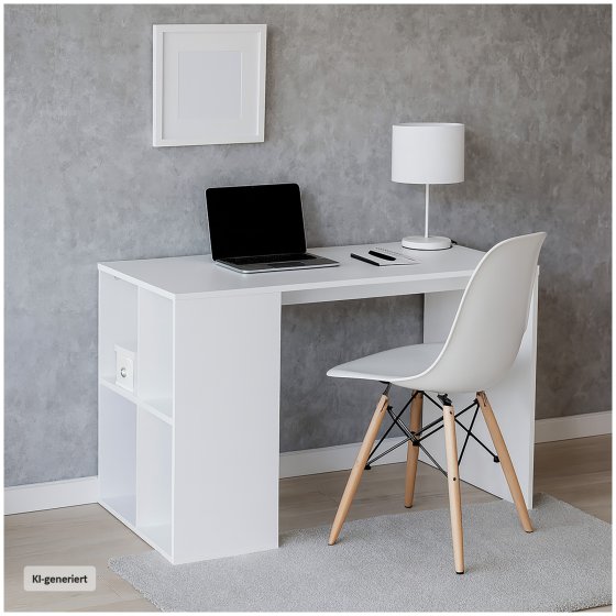 Schreibtisch in Weiß mit seitlichen Ablagefächern kompakter Bürotisch für Homeoffice und Büro 