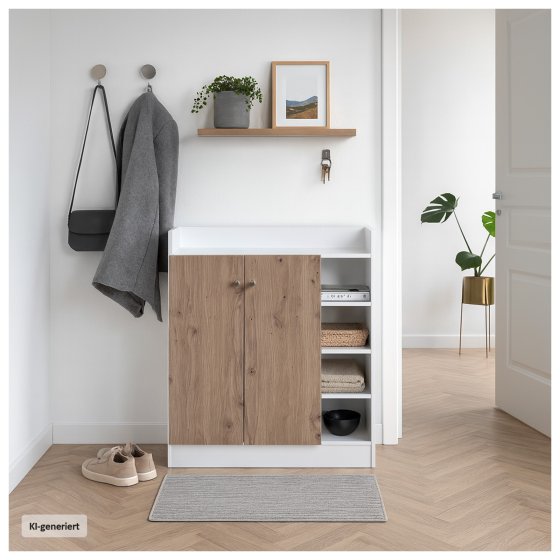 Sideboard mit 8 Regalfächern Weiß-Artisaneiche 