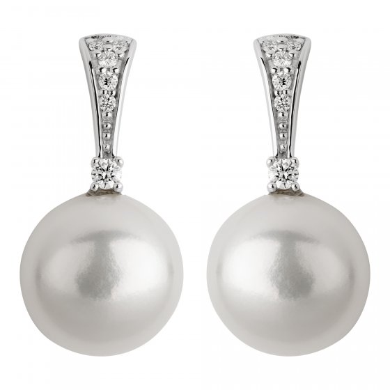 Ohrringe Gold 585 mit 2 weißen Perlen und 12 Brillanten zus. 0,07ct. 