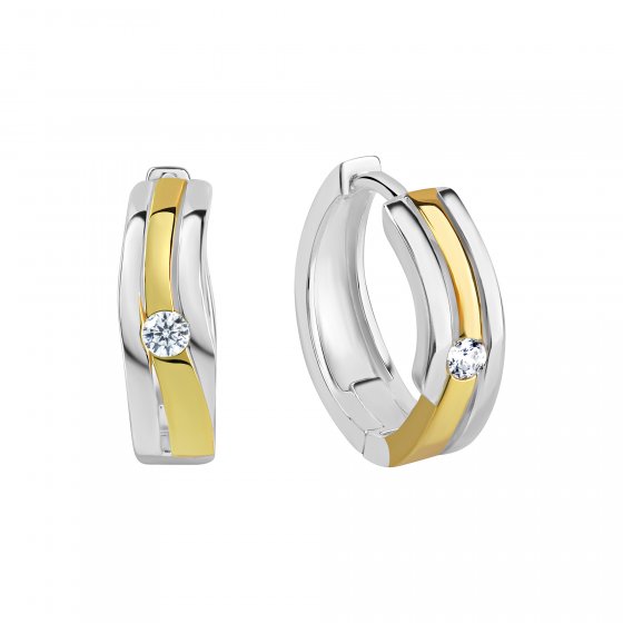 Ohrringe Silber 925 zweifarbig 16mm Durchmesser mit weißen Zirkonia-Steinen 