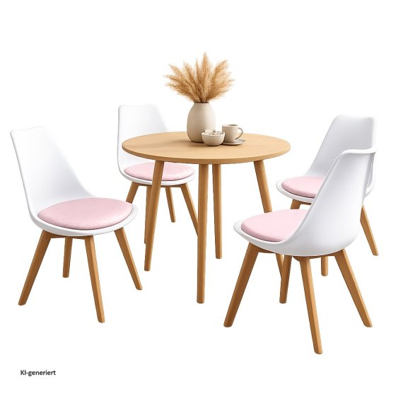 Esszimmerstuhl 4er Set Weiß mit Kunstledersitz Atlanta Rosa mit Ornament 