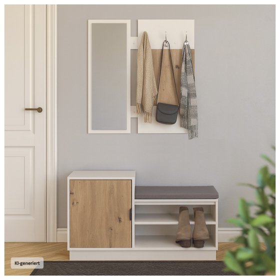 Garderobenpaneel mit Spiegel und Schuhbank Dana Weiß-Artisaneiche 