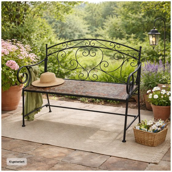 Metall Gartenbank mit Mosaik Sitzfläche Vintage Gartenbank 109 cm 