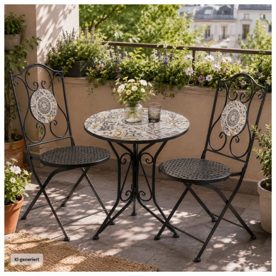 Bistro Sitzgruppe Metall schwarz Tisch mit 2 Stühlen Balkon Set mit Motiv Algier 