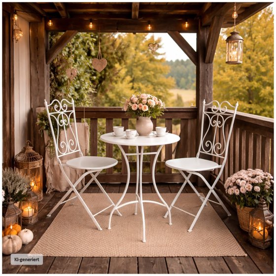 Bistro Sitzgruppe Metall Creme Tisch mit 2 Stühlen Balkon Set Gartenmöbel 