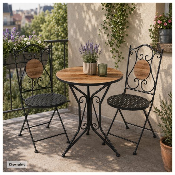 Bistro Sitzgruppe Metall schwarz Tisch mit 2 Stühlen Balkon Set mit Motiv Holz 