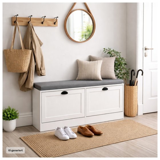 Schuhschrank Thekla 2 Klappen 105 cm Weiß mit Sitzkissen 