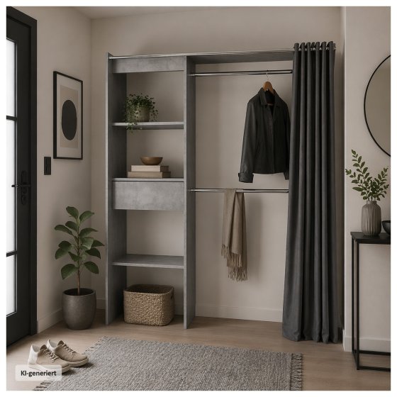 Offene Garderobe mit Vorhang Betonoptik 