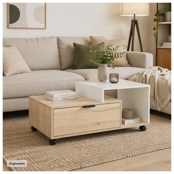 Couchtisch Cedrik auf Rollen mit Schublade Artisaneiche-Weiß 