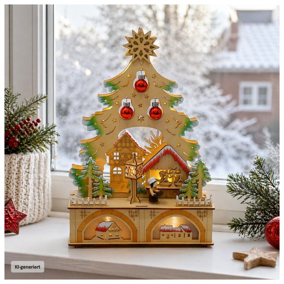 LED Schwibbogen Weihnachtsbaum mit Kugeln und Weihnachtsbäckerei 