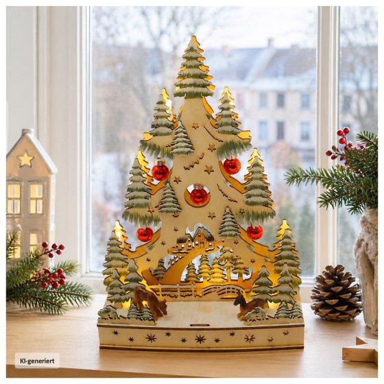 LED Schwibbogen Weihnachtsbaum mit Kugeln und Rentieren 
