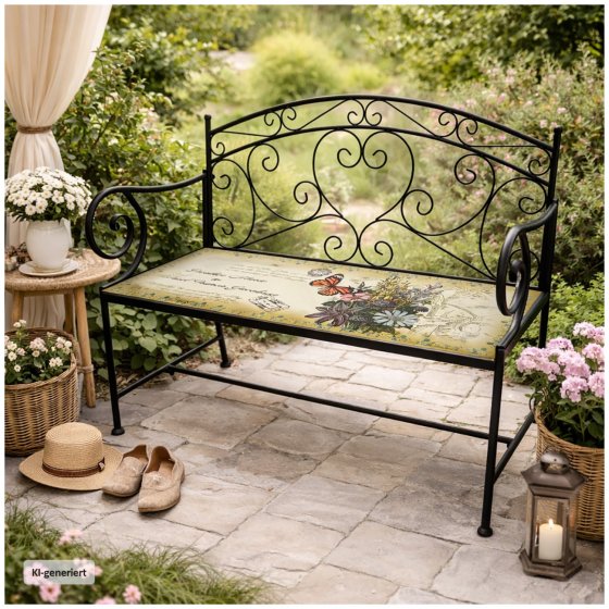 Gartenbank Celia Schmetterling Metallbank schwarz mit Motiv Sitzfläche 109 cm 
