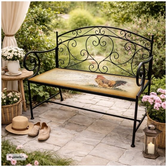 Gartenbank Celia Hahn Metallbank schwarz mit Motiv Sitzfläche 109 cm 