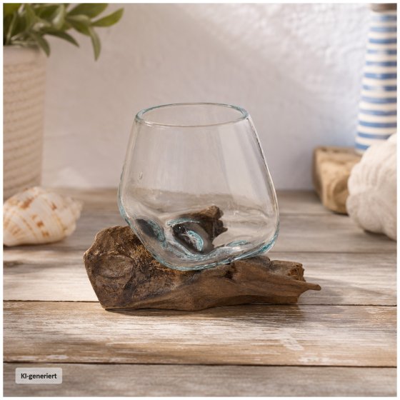 Mundgeblasene Glasvase auf Kaffeewurzel 10 cm Dekovase aus Glas und Holz 