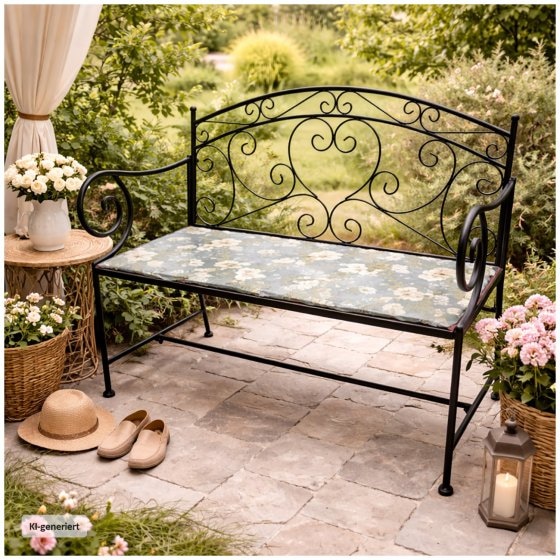 Gartenbank Celia Petunien Metallbank schwarz mit Motiv Sitzfläche 109 cm 