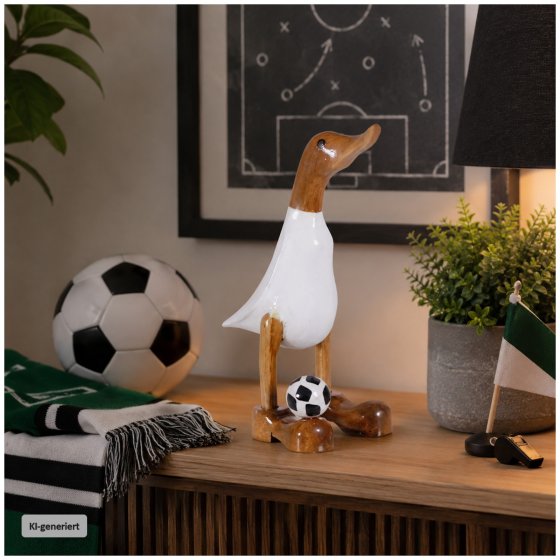 Dekoente Quakinho Ballfüßler aus Holz 25 cm Fußball Dekofigur 