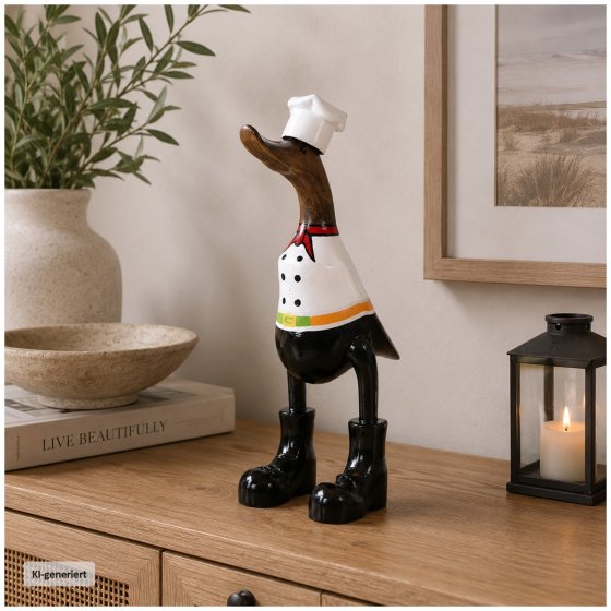 Dekoente Quak du Chef aus Holz 25 cm Küchenente Kochfigur mit Kochmütze 