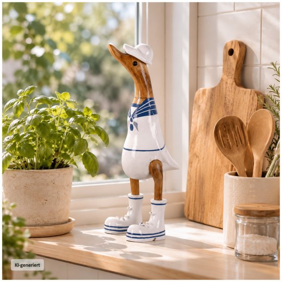 Dekoente Matrosen-Manni Schnabelweiß aus Holz 25 cm maritime Entenfigur 