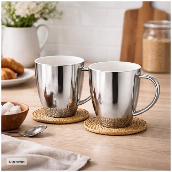 Becher Set silberfarben mit Henkel 250 ml Porzellan 2 Stück 
