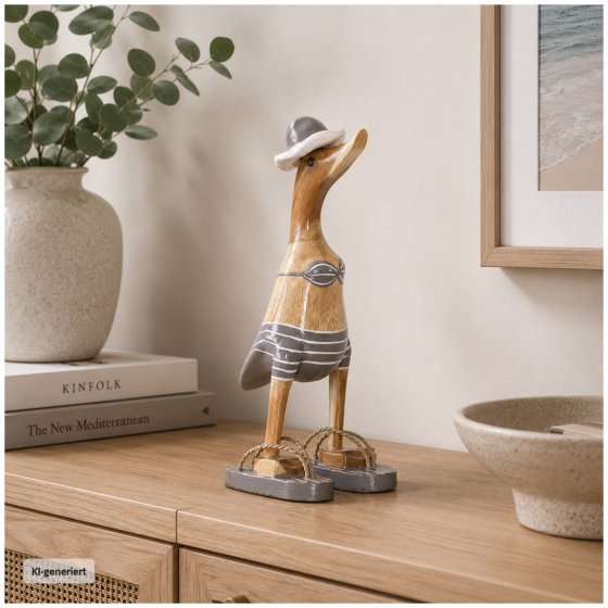 Dekoente Graziella Grauschnabel aus Holz 25 cm Elegante Sommerente mit Flip-Flops 