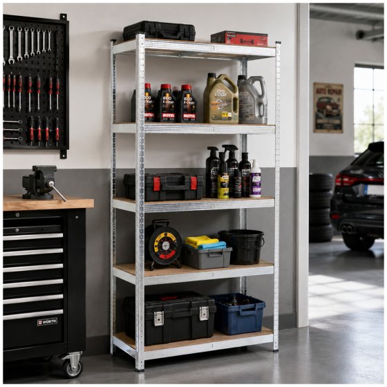 Lagerregal mit 5 MDF Böden und silbernem Stahlgestell 