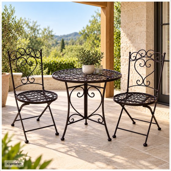 Romantische Gartenmöbel im Vintage-Stil 3-teiliges Bistro-Set aus Metall 