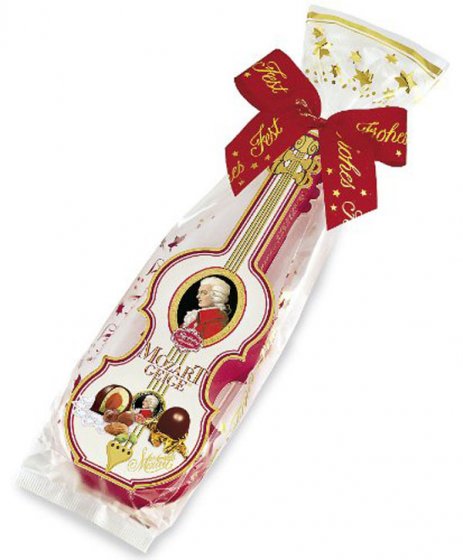 Reber Mozart Geige gefüllt mit Mozart Kugeln Zartbitter 140g 