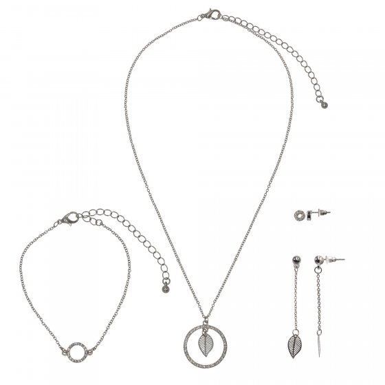 Set Kette Armband Ohrringe Metall gesandet glanz Glasstein weiß 