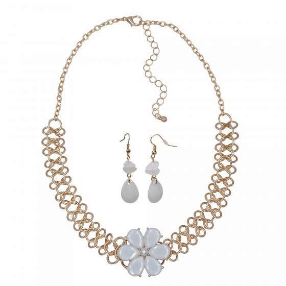 Kette Ohrhänger Metall gelb glänzend Blume Glasstein weiß 