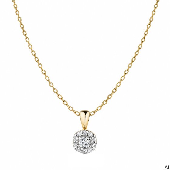 Anhänger mit Kette 375 Gold Gelb Zirkonia Halo 11 CZ Anhänger mit Ankerkette 42 cm 
