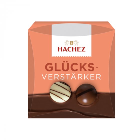 Hachez Glücksverstärker vier kleine Schokoladenpralinen Packung 40g 