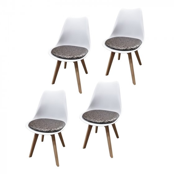 Esszimmerstuhl 4er Set Weiß mit Kunstledersitz Atlanta Braun mit Ornament 