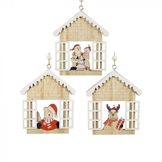 Baumschmuck Häuschen Fenster, 3er Set Holz 
