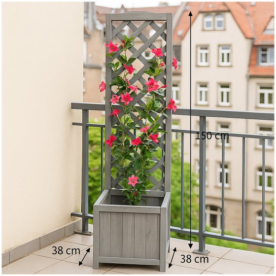 Pflanzkasten mit Rankgitter aus Holz grau Blumenkasten für Terrasse, Balkon und Garten 
