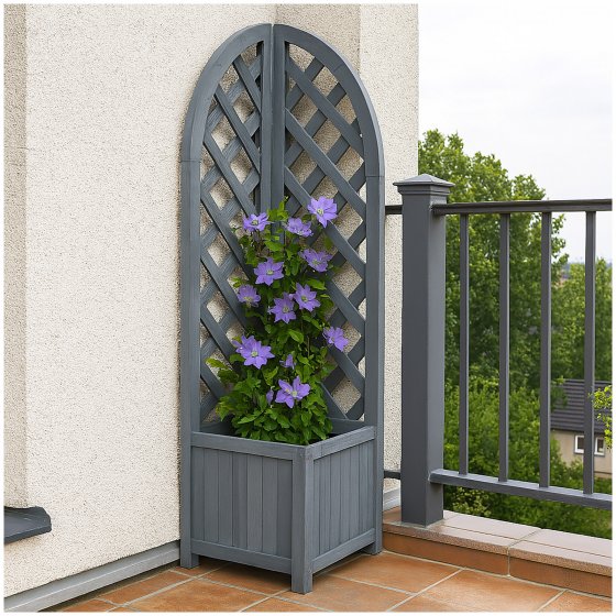 Pflanzkasten mit Rankgitter aus Holz Blaugrau Blumenkasten für Balkon, Terrasse und Garten 