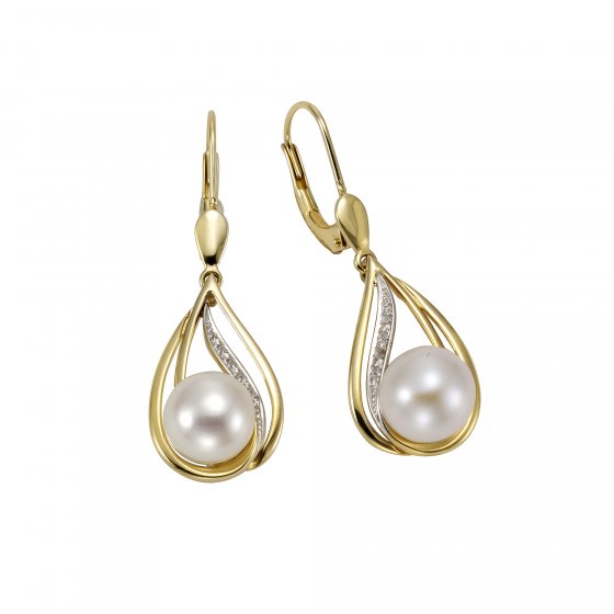 Ohrringe 585 Gold 2x Perle 7,5-8mm +10x Brillant 0,04ct. 