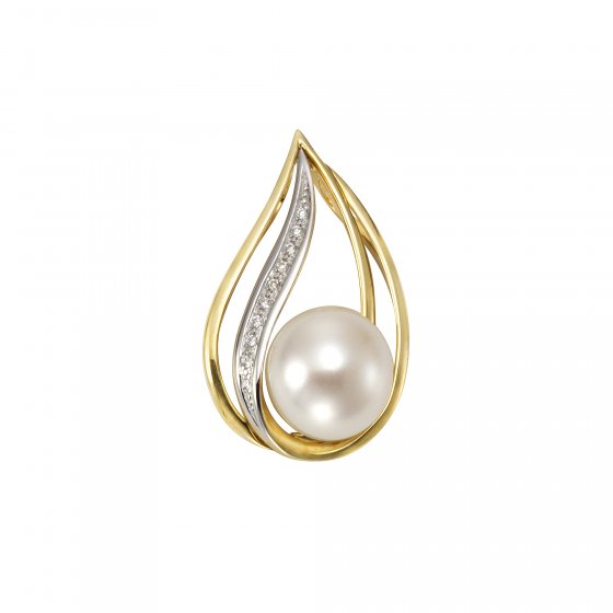 Anhänger Gold 585 zweifarbig mit weißer Perle 9,5-10mm + 10x Brillant zus. 0,04ct. 