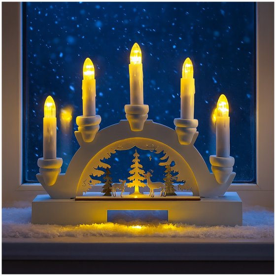 LED Schwibbogen weiß mit Rehen im Wald Batteriebetrieben 