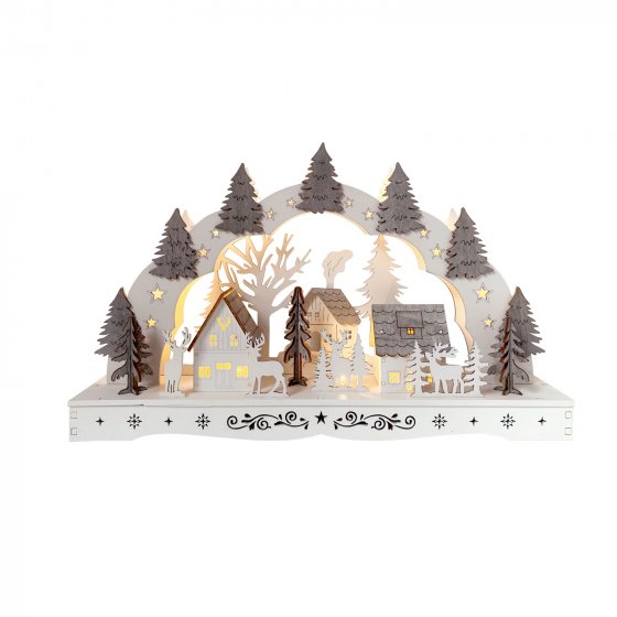 Schwibbogen Dorf mit Tannen Weiß Grau 