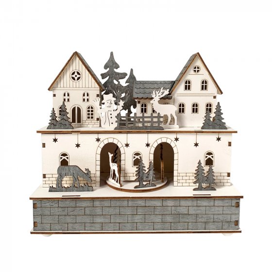 LED Weihnachtshaus Weiß Grau mit beweglichen Figuren 