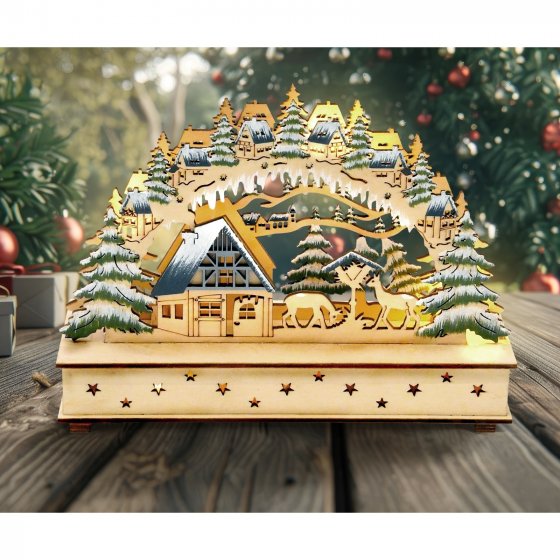 Leuchtbogen LED Waldhaus mit Rehen an der Futterkrippe 