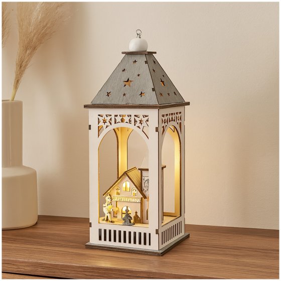 LED Holzlaterne mit Kirche und Figuren Weihnachtsdeko mit 8 LEDs 