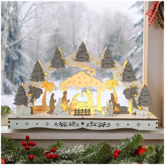 Leuchtbogen Heilige Familie mit Krippe 