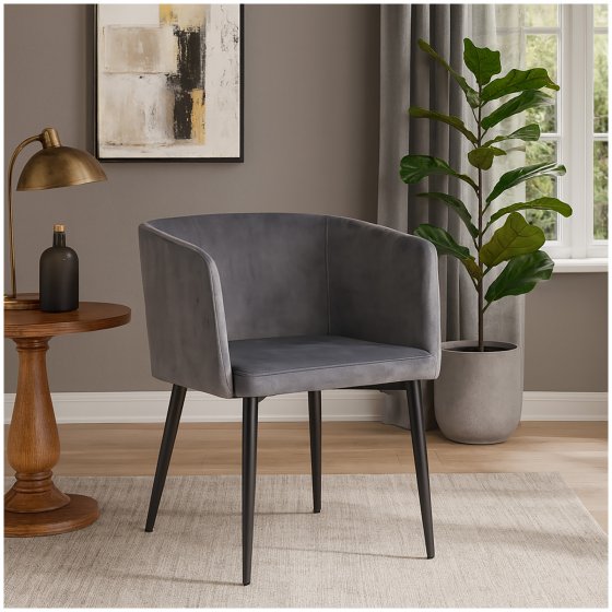 Esszimmerstuhl grau mit Samtbezug mit Armlehne und Metallgestell 