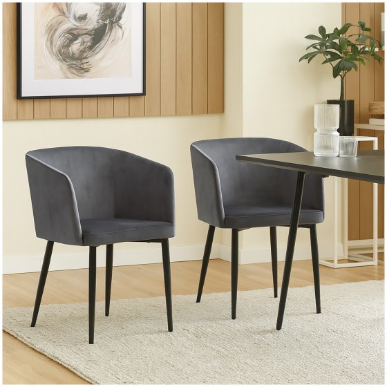 Polsterstuhl 2er Set in Grau Samtbezug mit Armlehne und Metallgestell 
