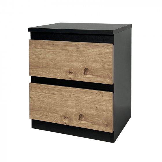 Nachtkommode mit 2 grifflosen Schubladen Thekla Schwarz-Artisaneiche 