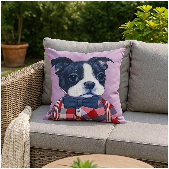 Dekokissen für Sofa und Outdoor Möbel 45 x 45 cm Hund mit Fliege 