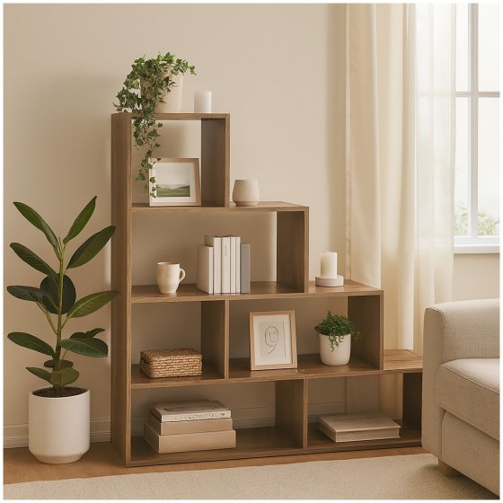 Stufenregal in Eiche Holzoptik Raumteiler Bücherregal 114 x 114 x 30 cm vielseitig einsetzba 